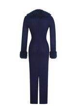 Load image into Gallery viewer, Romina Navy Plunging Fur Trimmed Crochet Maxi Dress