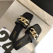 Load image into Gallery viewer, Women Sandals Design Gold Chain Closed Toe Slip On Mules Shoes Flat Heels Square Head Casual Slides Summer Slippers Open Toe Flat Sandals Metal Chain PU Leather Slides Shoes