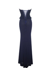 Load image into Gallery viewer, Orabelle Navy Beaded Peplum Mermaid Maxi Gown with Lace-up Back