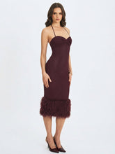 Load image into Gallery viewer, Pluma Maroon Halter Faux-Fur Trimmed Midi Dress