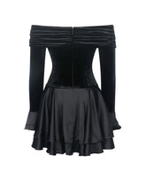Load image into Gallery viewer, Magnolia Black Off-Shoulder Layered Satin Mini Dress
