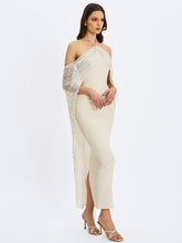 Load image into Gallery viewer, Quimera Almond Beaded Cape Halter Off-Shoulder Maxi Gown