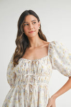 Load image into Gallery viewer, Floral Drawstring Detail Puff Sleeve Midi Dress – Romantic Floral Midi Dress, Ruched Drawstring Dress, Feminine Puff Sleeve Dress, Trendy Garden Party Dress For Summer