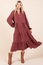 Load image into Gallery viewer, Tiered Button Down Long Sleeve Midi Dress For Women – Button Down Midi Dress, Long Sleeve Tiered Dress, Feminine Midi Dress, Button Front Dress, Elegant Long Sleeve Dress