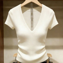 Load image into Gallery viewer, Solid Color Ice Silk Knit Top for Women – Slim-Fit Short Sleeve Elegant Commuter Top