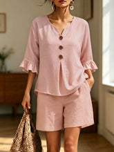 Load image into Gallery viewer, Women's Buttoned V-Neck Ruffle-Trim Top & Shorts Two-Piece Set