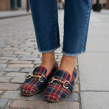 Load image into Gallery viewer, Women's Plaid Square Toe Flats – Buckle Casual Shoes in Red & Blue