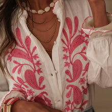 Load image into Gallery viewer, Boho Floral Ruffle Blouse — V-Neck Lantern Sleeve Button-Down Top