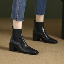 Load image into Gallery viewer, Women's Cowhide Square Toe Chunky Heel Pumps – Vintage Minimalist High Heels