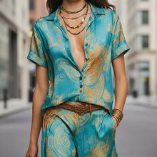 Load image into Gallery viewer, Women's Bohemian Printed Resort Two-Piece Set – 3/4 Sleeve Shirt & Pants