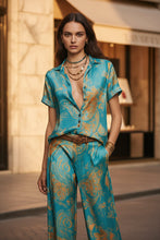 Load image into Gallery viewer, Women's Marble Swirl Print Satin-Look Short Sleeve Shirt & Wide-Leg Pants Resort Set