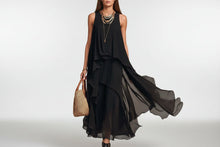 Load image into Gallery viewer, Asymmetrical Ruffle Mesh Chiffon Sleeveless Maxi Dress – Black, XS–XXL