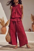 Load image into Gallery viewer, Women's Smocked Neckline Ruffle Hem Linen Tank & Wide-Leg Cropped Pants Set