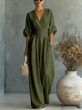 Load image into Gallery viewer, Women's V-Neck Wide-Leg Jumpsuit – High Waist Pleated Elegant