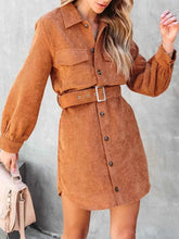 Load image into Gallery viewer, Stylish Button Front Belt Long Sleeve : Corduroy Dress