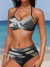 Load image into Gallery viewer, Bikini Camo Print 2 Piece High Cut Halter Swimsuit for Women – Vibrant V Neck Backless Bikini Set with Ruched Detail – Comfortable Stretchy Swimwear for Beach Pool and Summer Vacation