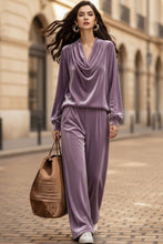 Load image into Gallery viewer, Women's Gold Velvet Cowl Neck Drop-Shoulder Top & Wide-Leg Pants Set – 8 Colors