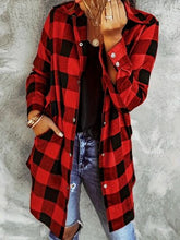 Load image into Gallery viewer, Deep Red Plaid Collared Neck Snap-Down Long Sleeve Jacket – Classic & Trendy Outerwear with Pockets