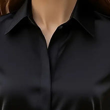 Load image into Gallery viewer, Loose Fit Satin Blouse — V-Neck Long Sleeve Tunic Top for Office & Casual Wear