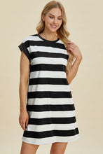 Load image into Gallery viewer, Full Size Striped Round Neck Cap Sleeve Mini Dress For Women – Striped Mini Dress, Full-Size Round Neck Dress, Comfortable Cap Sleeve Dress, Chic Striped Dress, Flattering Mini Dress, Casual Everyday Dress, Versatile Striped Dress