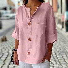 Load image into Gallery viewer, Women’s Loose V Neck T Shirt – Cotton Linen Button Top