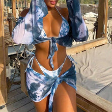 Load image into Gallery viewer, 4 Piece Tie Dye Bikini Ladies Split Swimsuit Swimwear Tie Dye Bikini Set Triangle String Bikini Bathing Suit High Cut Four Piece Swimsuit Curtain String Bikini Women Mesh Push Up Bikini
