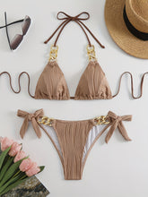 Load image into Gallery viewer, Bikini Ruched Texture Golden Chain 2 Piece Triangle Swimsuit for Women – Striped Halter Bikini Set with Bow Tie Side and Elegant Ring Link Detail – Stretchy Beachwear for Pool Bathing and Summer Vacations