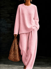 Load image into Gallery viewer, Women's Waffle Knit Oversized Crew-Neck Pullover & Relaxed Wide-Leg Trouser Lounge Co-ord Set