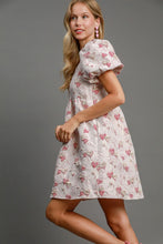Load image into Gallery viewer, Heart Jacquard Square Neck Puff Sleeve Mini Dress – Romantic Heart Jacquard Dress, Puff Sleeve Dress, Square Neck Mini Dress, Chic Date Night Dress, Elegant Puff Sleeve Dress