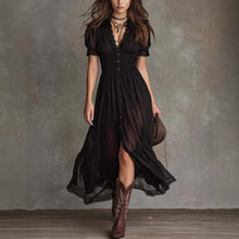 Load image into Gallery viewer, Women's Short Sleeve Bodycon Maxi Dress | Ruffled Hem Side Slit Dark Chic Dress in Black