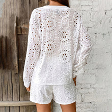 Load image into Gallery viewer, Women's Eyelet Embroidery V-Neck Long Sleeve Top & Shorts Two-Piece Set