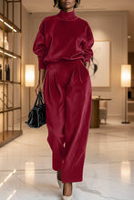 Load image into Gallery viewer, Women's Mock Turtleneck Balloon Sleeve Top & Pleated Wide-Leg Trousers Set