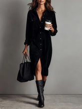 Load image into Gallery viewer, Women's Corduroy Long Sleeve Shirt Dress – Turn-Down Collar Button Front Midi with Pockets