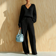 Load image into Gallery viewer, Women's Fluffy V-Neck Oversized Sweater & Wide-Rib Wide-Leg Knit Trouser Set