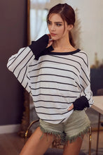 Load image into Gallery viewer, BiBi Stripe Yarn Dye Waffle One Shoulder Women's Top with Ribbon Detail