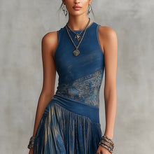 Load image into Gallery viewer, Women's Navy Blue Artistic Print Sleeveless Fitted Bodice Swing Maxi Dress