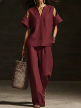 Load image into Gallery viewer, V-Neck Short Sleeve Top & Straight-Leg Pants Set – Ripped Detail, Pockets, Solid Color