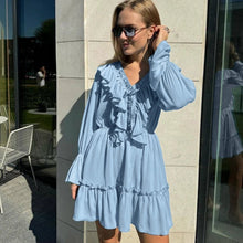 Load image into Gallery viewer, V Neck Pleated Ruffle Dress - Y2K Flared Sleeve Short Dress