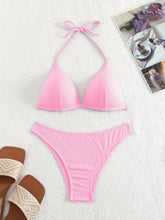 Load image into Gallery viewer, Bikini Rib Knit Solid Color Triangle 2 Piece Swimsuit for Women – Adjustable Tie Back Halter Bikini Set with Spaghetti Straps – High Stretch Polyester Swimwear for Summer Beachwear Poolside Relaxation and Tropical Vacation