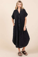 Load image into Gallery viewer, Mineral Wash V Neck Button Up Midi Shirt Dress For Women – Trendy and Comfortable Lived-In Style