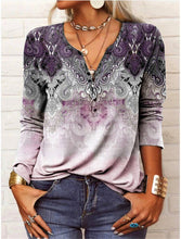 Load image into Gallery viewer, Women's Ethnic Print V-Neck Long Sleeve Loose T-Shirt