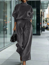 Load image into Gallery viewer, Women's Mock Turtleneck Balloon Sleeve Top & Pleated Wide-Leg Trousers Set