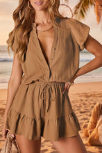 Load image into Gallery viewer, Women's V-Neck Ruffled Jumpsuit with Pockets & Tie Waist – Puff Sleeve