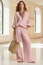 Load image into Gallery viewer, Women's Linen-Style Two-Piece Set – V-Neck Top & Wide-Leg Pants