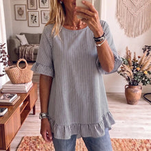 Load image into Gallery viewer, Women's Striped Ruffle-Sleeve Loose-Fit Blouse – Three-Quarter Sleeve