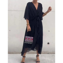 Load image into Gallery viewer, Batwing Sleeve V-Neck Midi Dress – Tied Irregular Hem Fairy Dress