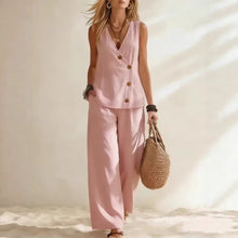 Load image into Gallery viewer, Women's Button-Up Cardigan Vest & Pants Set – Sleeveless Two-Piece