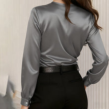 Load image into Gallery viewer, Women's Elegant Cross V-Neck Blouse, Ruffle Detail Button Accent Office Shirt
