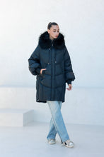Load image into Gallery viewer, Celeste Genuine Fur Trim Down Fill Coat in Black