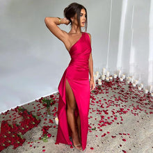 Load image into Gallery viewer, Sexy One-shoulder Backless Slit Dress Summer Elegant Slim-fit Solid Color Satin Dresses For Women